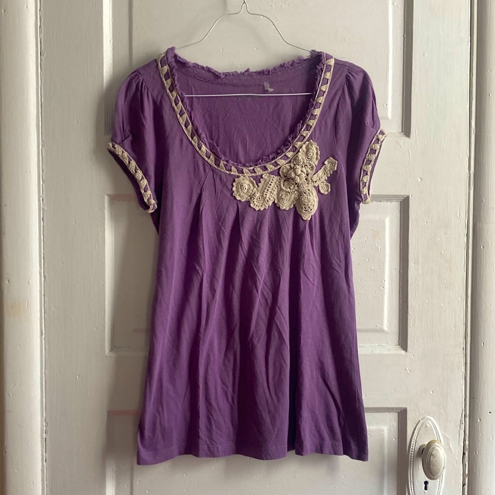 Vintage Purple Top with Embroidered Lace Detail